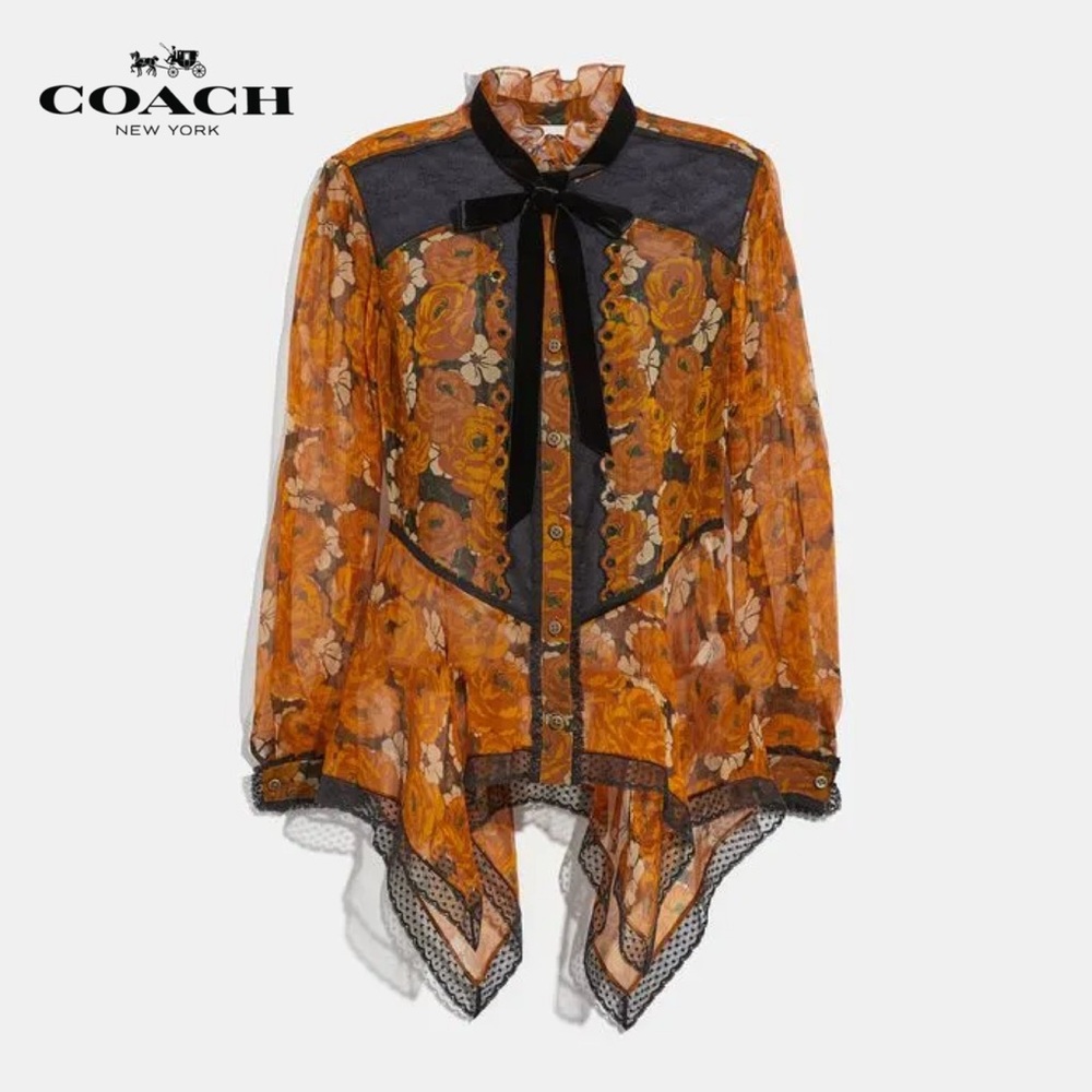 ✨Coach 100% Silk Orange and Black Floral Blouse